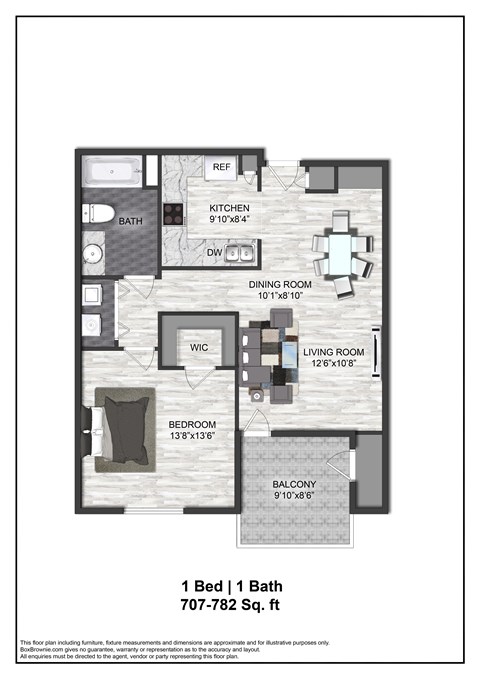 A floor plan of a 1 bedroom apartment with a bath.